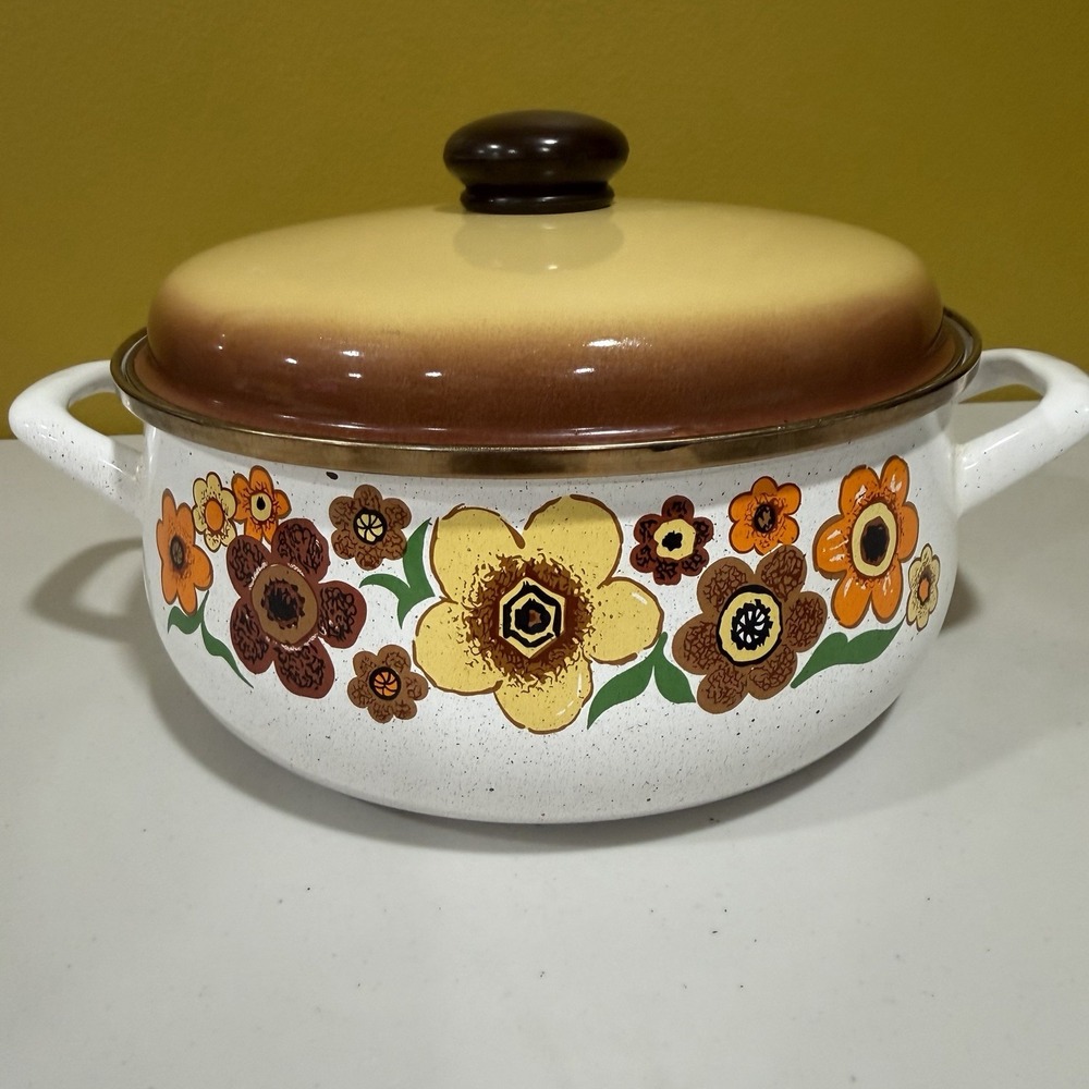 VTG SEARS *Harvest Blossom* Enamelware Large 10" Dia. Stock Pot Dutch Oven w/Lid